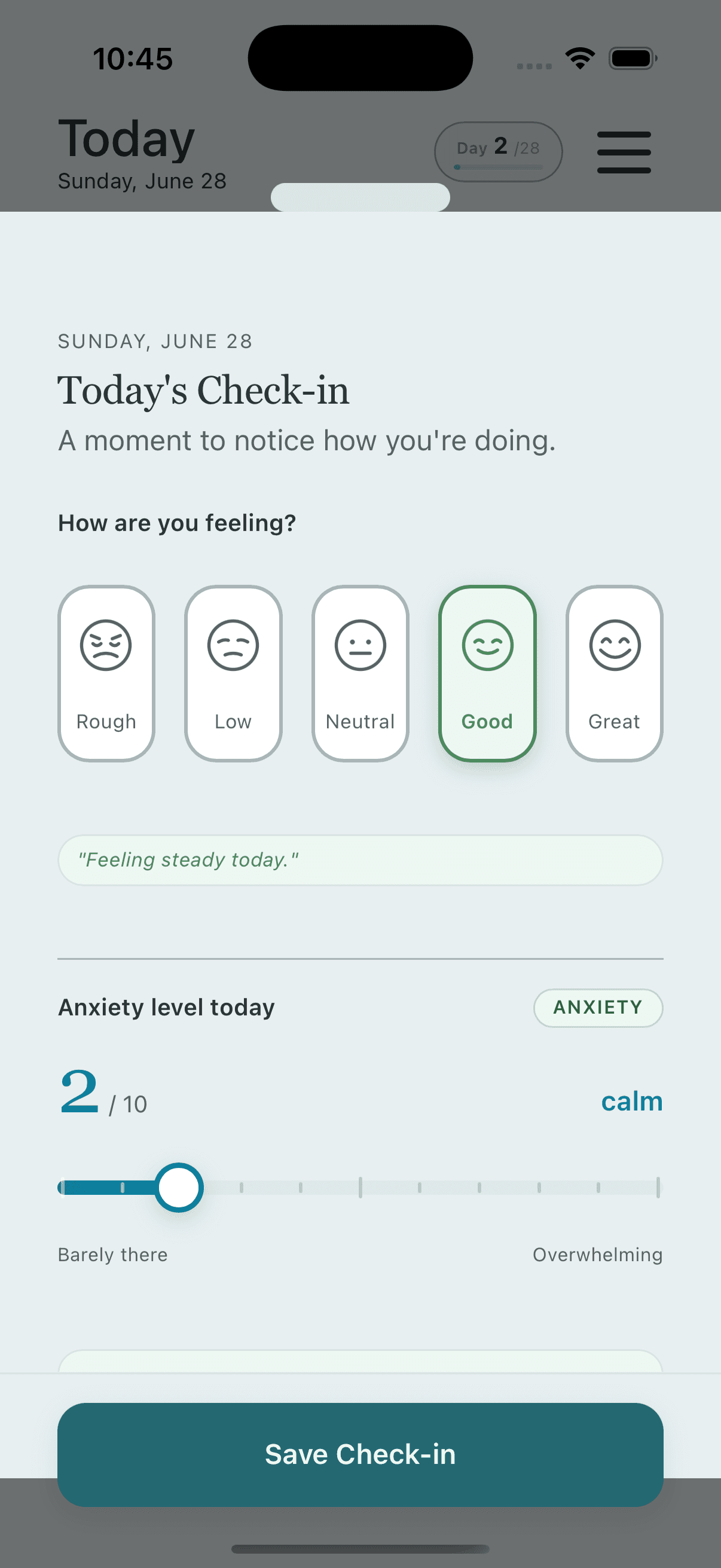 DailyBite daily check-in with mood and anxiety tracking