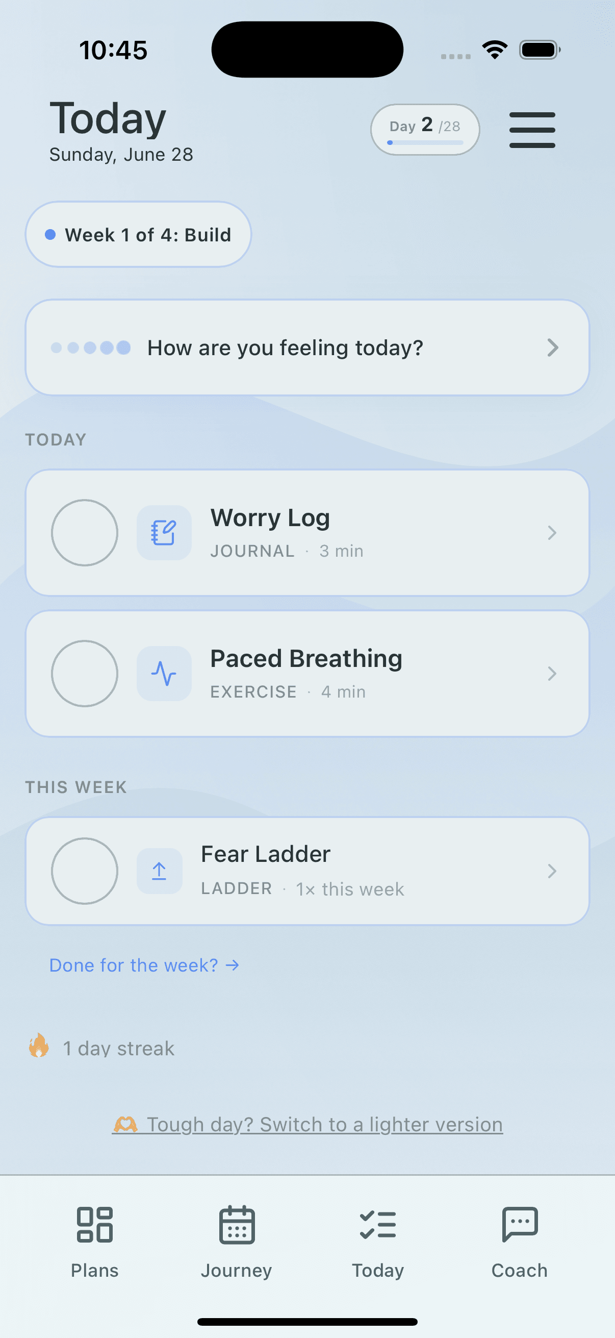DailyBite Today screen with daily CBT exercises: Worry Log and Paced Breathing
